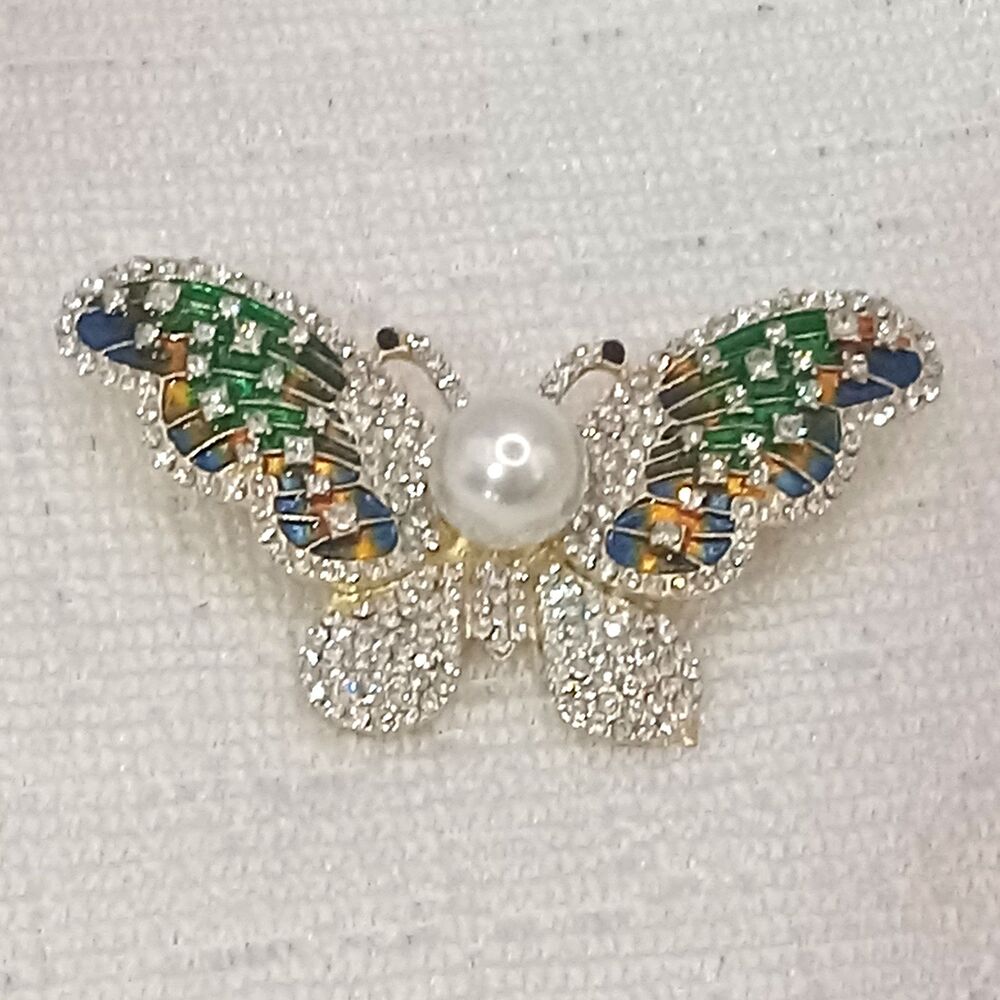 Sparkling Rhinestone Butterfly Brooch Pin with White Simulated Pearl 2 in Metal
